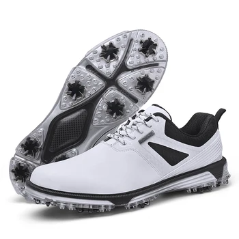  Мъжки кожени обувки за голф, водоустойчиви спортни маратонки за голф, нескользящие шипове, обувки за голф, бързо чрез шнурове, спортни обувки за голф за начинаещи