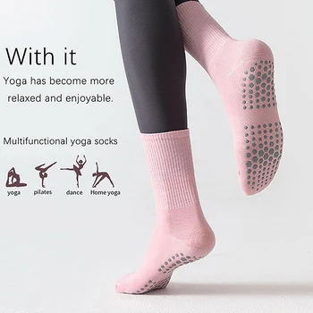  Памучни чорапи дишащи за йога до средата на прасците, обикновена шарена мини спортни чорапи, Чорапи за пилатес, чорапи за занимания с танци и фитнес