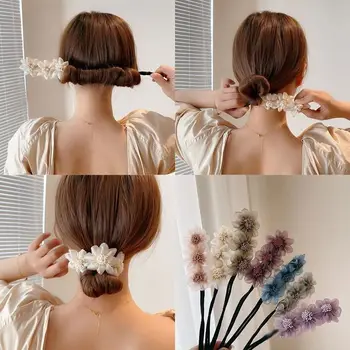  Женският елегантен пъпка Шифоновый цвете Производител на хляб Maruko за създаване на прически Дълъг инструмент за плетене на прекрасната коса Въжени ленти за коса Корейски аксесоари