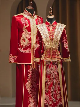  Китайското сватбена рокля Xiuhe, женски сватбени рокли с бродерия на дракон и Феникс, Традиционните комплекти Cheongsams, хавлия за плаж партита