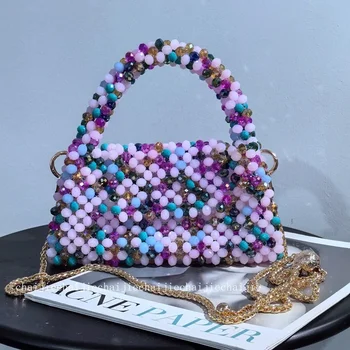  Дамска чанта ръчна изработка в стил ретро, расшитая мъниста, нова мода Ins, напреднал ширити от разноцветни кристали, дамски чанта на верига, чанти през рамо