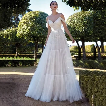  JEHETH Елегантна плажна сватбена рокля трапецовидна форма с открити рамене на тънки спагети презрамки, сватбена рокля с аппликацией от тюл в стил Бохо Robe De Mariée