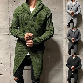  2023 Нов мъжки есенно-зимния дълъг вязаный жилетка с качулка, европейски и Американски обикновен пуловер, палто