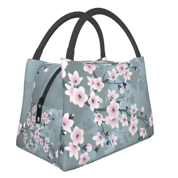  Тъмно розова Сакура, дамски чанти-тоут за обяд с цъфнал сакурой, японски цветя, термоохладитель, кутия за bento