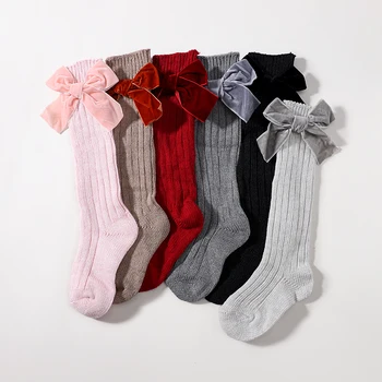  1 чифт Едноцветни Трикотажни Чорапи За Малки Момичета от 4 до 7 Години, Чорапогащи с Лъкове До Коляното Чорапи За Деца, Дълги Чорапи-Тръба, Детски Аксесоари, Дрехи