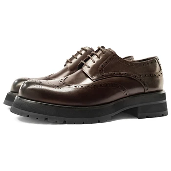  Ежедневни Обувки На платформа С Резба За Мъжете В Британския Стил От Естествена Кожа, С Кръгли Пръсти И Големи Пръсти, Черни Обувки-Дерби На Възвишението, Официалната Кожени Обувки За Мъже
