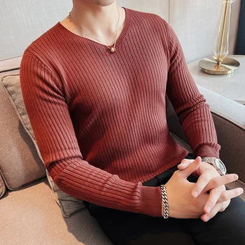  Мъжката есенно-зимния обикновен пуловер с V-образно деколте премиум-клас, корейски модерен случайни топло монтиране вязаный пуловер, топ