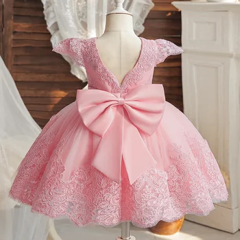  Празнична рокля за по-малките момичета с отворен гръб, Елегантно бельо рокля за рождения ден с лък, сватбената рокля на принцеса за деца 1-5 години на детски дрехи