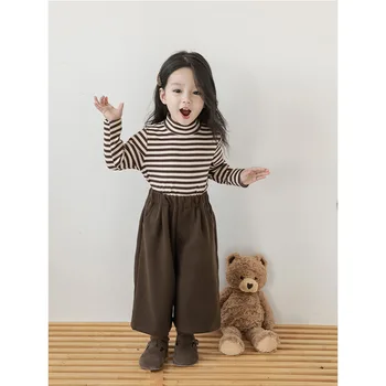  Есенни ризи за малки момичета в корейски стил, обикновена шарени тениски с полувысоким деколте, всекидневни, детски блузи и тениски