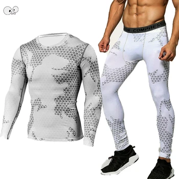  Компресиране мъжка риза + панталон, 2 броя, спортни костюми, Камуфляжный спортен костюм за бягане, комплекти за бягане, мъжки фитнес зала, спортни облекла за кроссфита