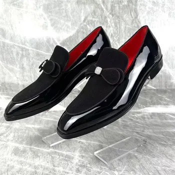  Qianruiti, високо качество черни лоферы ръчно изработени от лачена кожа с лък, британски квадратен чорап, Сватба парти, Офис обувки за мъже