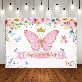  Пеперуда на Цвете Короната Украса за Рожден Ден на Приказната принцеса Розови цветя Фонови снимки На Поръчка е Сладък Фон