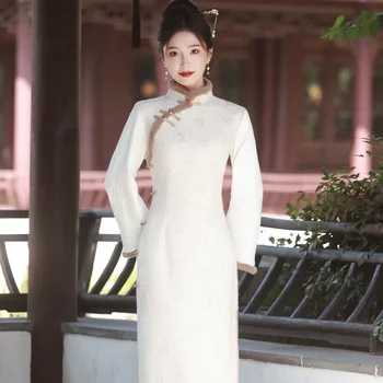  Yourqipao от Шенилна Сгъсти Кадифе Ретро Традиционен Китайски Чонсам С Дълъг ръкав За Жени Зимни Вечерни Рокли Tang Suit