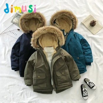  Зимни детски палто с подплата, DIMUSI, Модни памучни топло палто с качулка за момчета, флисовые якета от кожа яка за малки момичета, Детски дрехи