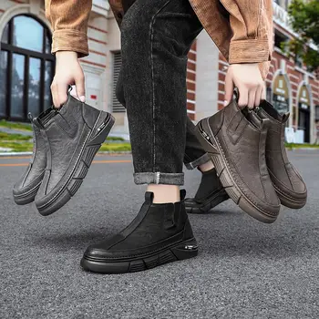  Мъжки зимни черна мъжки обувки в британския стил, байкерская работна обувки с дебели подметки в ретро стил, мъжки обувки с висок берцем, ежедневни обувки
