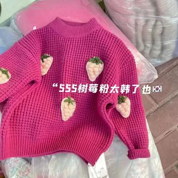  Детски пуловер 90-140 см, Зимни дрехи за малките момичета, Детски пуловер, ръчно изработени с ягодов интериор