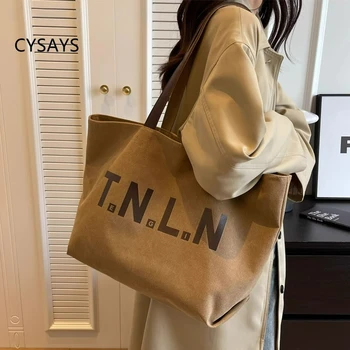  Холщовая чанта-тоут голям капацитет, лесна и стилна дамска чанта през рамо за ежедневието и универсална с писмото принтом