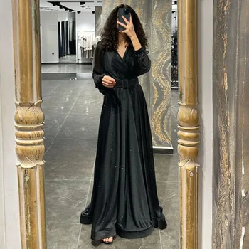  Блестящи черни вечерни рокли трапецовидна форма за жени 2023 г., с дължина до пода, дълъг ръкав, Тюлевые вечерни Рокли с колан.