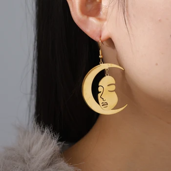  JDZQJ Лунна Форма на Лицето Висящи Обеци за Жени Момиче Покритие Злато Обеци От Неръждаема Стомана 2023 Модни Бижута Подаръци на Едро