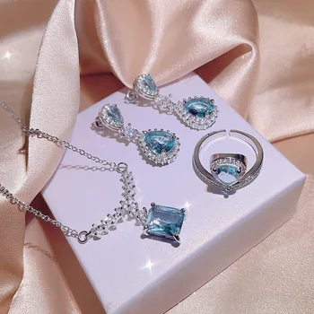 Бижута с марка 925 проба, женски комплект от 3 теми, със сини циркониевыми пръстени, обеци, огърлица, модни бижута за бала, подарък