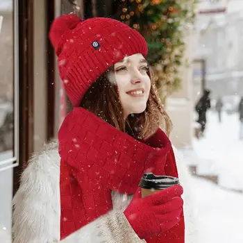  Зимна шапка унисекс, ръкавици, шал, комплект от 3 теми, зимна шапка-бини, шал, ръкавици със сензорен екран, комплект за жени, плюшено топка, топло трико