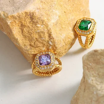  Титановая стомана, виолетово-зелен кристал, бижута от камъни, Вити пръстен златен цвят За жени, луксозен, с овална подарък за Свети Валентин за Годеж
