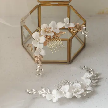  Прости керамични цветя със златни листа, сватбен гребен за коса, булчински женски шапки, бижута, подаръци