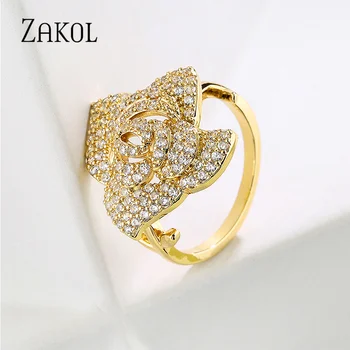  ZAKOL Луксозно Годежен пръстен с микро-инкрустация на Цирконий и рози за жените Златен цвят на Годежни пръстени, Бижута RP2296