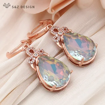  Дизайн на S & Z, Нова мода, Розово злато проба 585, Висящи обеци с кристали във формата на капки вода За жени, Сватбени декорации с кубическим цирконием
