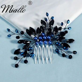  Miallo Модни Гребени за коса черен и син цвят, Специални Кристални Сватбени аксесоари за коса-ръчна изработка, Bomicia, бижута Подарък за младоженци за жени