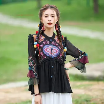  дамски реколта върховете hanfu 2024, традиционен китайски етнически жилетка, яке без ръкави с национална бродерия на цветя, ориенталски костюм тан