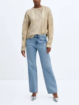  Есента е нов дамски модерния европейски и американски случайни универсален тъкани пуловер с кръгло деколте и дълги ръкави