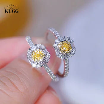  Пръстен от бяло злато 18 карата KUGG, Блестящо Годежен пръстен с истински жълт диамант 0,40 карата, за жени, за сватба бижута, Луксозен стил