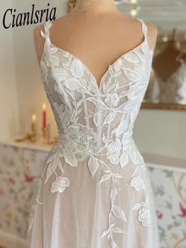  2023 Дантелен сватбени рокли за спагети презрамки във формата на сърце, рокля на булката с влак, сшитое на поръчка Robe De Mariee По индивидуална заявка