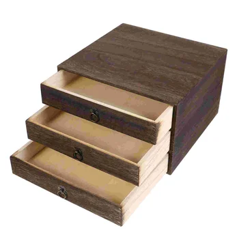  Реколта дървена кутия за организация на работния плот, Многослоен кутия за съхранение на бижута, Прахоустойчив, кутия за документи с дръжка