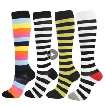  Спортни чорапогащи в цветна ивица за мъже и жени, подходящ за бягане, дебнещ чорапогащник унисекс за колоездене на открито, разходки, чорапогащи голяма дължина
