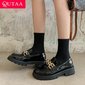  QUTAA / 2022; Дамски обувки-лодка с кръгло бомбе; Дамски обувки от естествена кожа на нисък ток; сезон пролет-есен; Размер диапазон 34-40 в средно на квадратен ток;