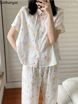  Пижамные комплекти за жени за лятна почивка С мешковатым принтом, плюшена пижама с ревера, Модерен Корейски стил, Тънки Сладки момичета, Удобни
