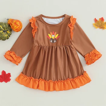  Детски дрехи, детски дрехи, дрехи за момиченца, дрехи за Деня на Благодарността, Къдри с принтом Турция, мозайка есенно-зимния рокля на принцеса