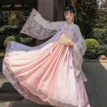  Древнекитайский Hanfu за жени, пролет cosplay на династията Тан, розови рокли приказна принцеса с талия и бюст, елегантен дрешки, 3 бр. Пълни комплекта