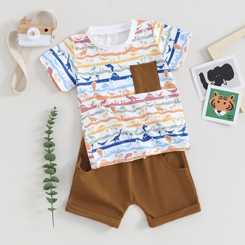  Летни дрехи за малки момчета, тениска с къс ръкав, отгоре с принтом динозавър, обикновена къси панталони, комплект летни дрехи от 2 теми