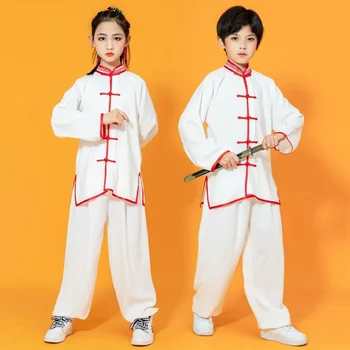 Детски костюм ушу, Нов младежки костюм с дълъг ръкав, дрехи за момчета и момичета, комплекти за тай-чи, Студентски костюми за изпълнения на сцената на Кунг-фу от 3 до 16 години