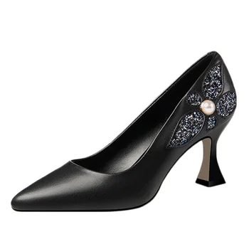  Zapatos De Mujer / Женски Сладки Черни Обувки от Изкуствена Кожа, Без Закопчалка на висок ток, Дамски Модни Бежово Пролетно-летни Обувки на ток B336