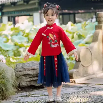  Комплект от 2 теми/детски костюм Тан 2024 Дракон нова година Китайски червен костюм Ханфу Ежедневни облекла