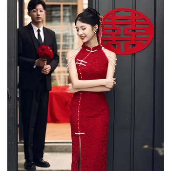  Секси облекло за наздравици Чонсам, Лятно Малка рокля за годеж, Вино-червено Дантелено Сватбена рокля Ципао в китайски стил за млади Снажен жени