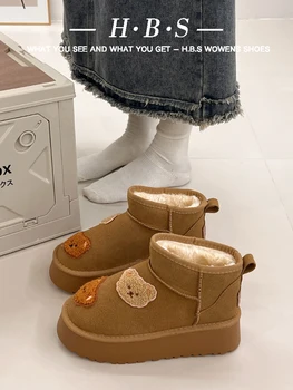  Дамски обувки на плосък ток; Ботуши-Дамски зимни обувки; Австралийски сабо платформа с кръгло бомбе от плюш; Мед 2023; Снежна гума 