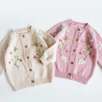  Пуловер на принцеса за момиченца, вязаный жилетка с цветна бродерия и ягоди, пуловер за деца, Есента вязаный жилетка за деца