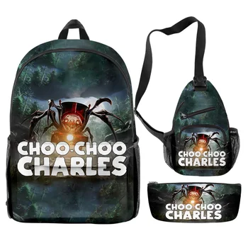  Choo-Choo Charles Merch Backpack Game 3DPrint Daypacks, Комплекти от 3 теми, Раница джоб, Чанта През рамо, Чанта-молив