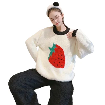  Скъпа мека пижама с ягоди за жени през Есента и зимата, нов сгъсти топъл домашен кожа комплект отвътре с дълги ръкави