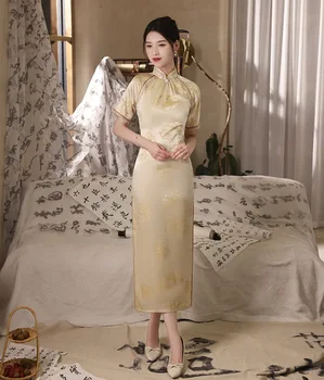  FZSLCYIYI Елегантен Традиционен китайски Ципао с яка-ботуш и къс ръкав, ежедневното вечерна рокля от жаккардового сатен Qipao в ретро стил